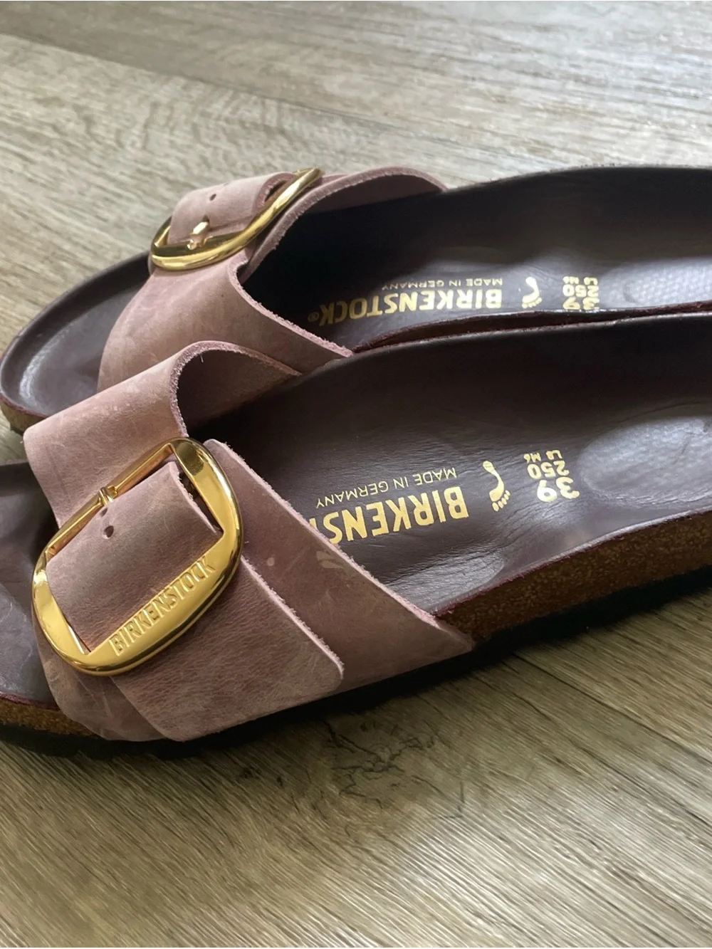 Birkenstock Madrid Soft Pink Suede Slide Sandals with Gold Buckles